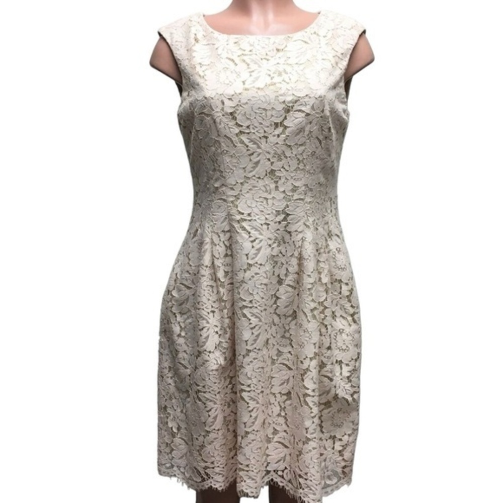 Vince Camuto Ivory Floral Lace Sleeveless Dress Petites Size 12 Knee Length